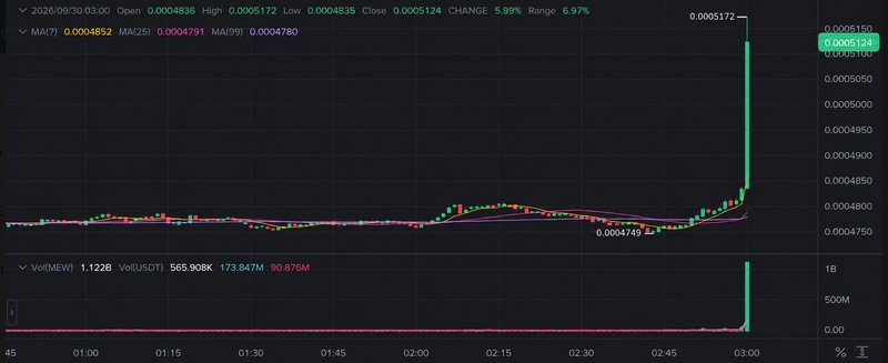 Chart screenshot from the Crypto Whales Pumps alert: MEWUSDT jumps 6% in one minute on a volume spike