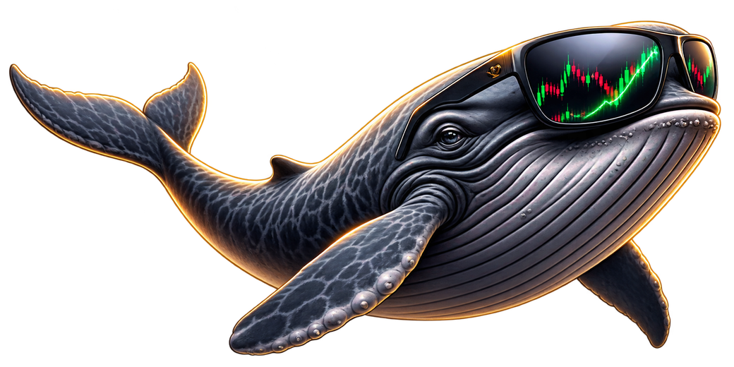 Crypto Sonar whale mascot wearing sunglasses that reflect a price chart